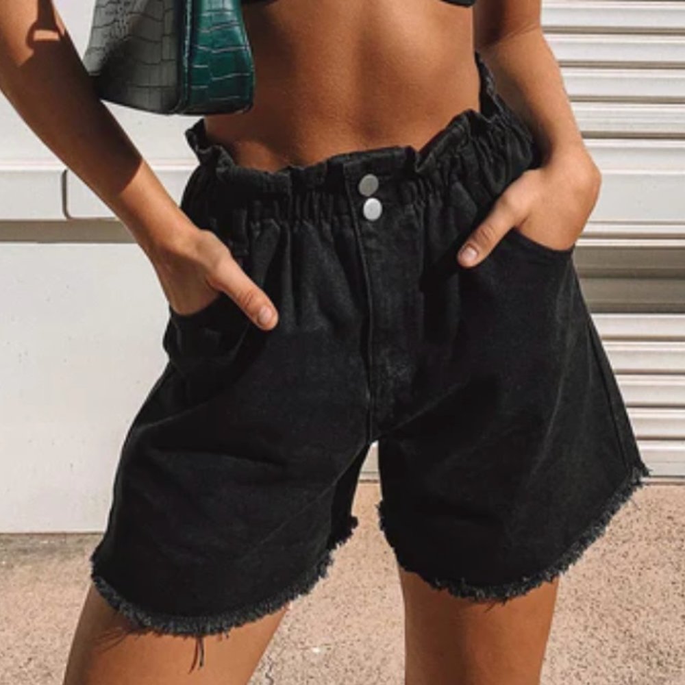 Princess Polly Black Open Road Denim Paper Bag Shorts